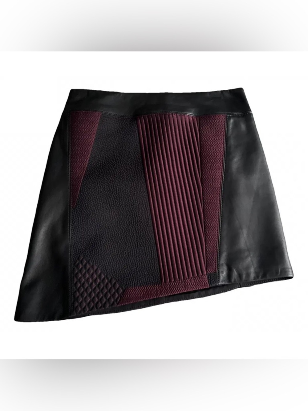 Helmut Lang Black & Deep Plum Quilted Panel Lamb Leather Asymmetrical Mini Skirt